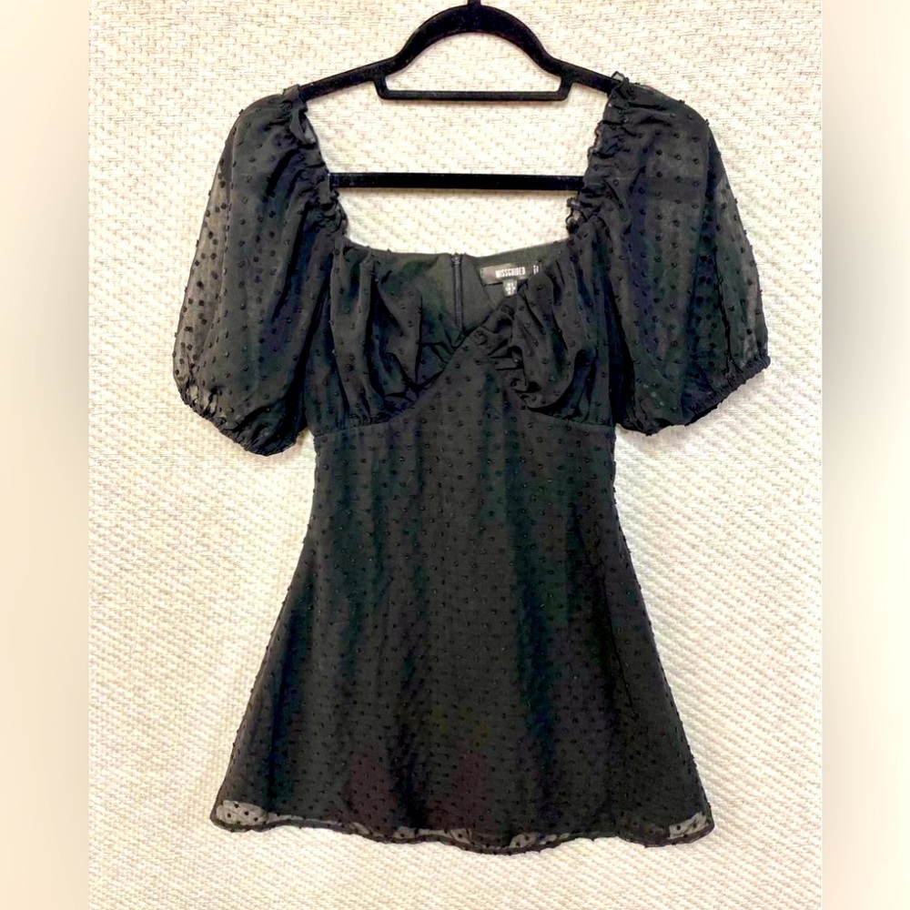 Missguided Womens Black V Neck Puffed Sleeve Zip Milkmaid Skater Dress Dobby US2